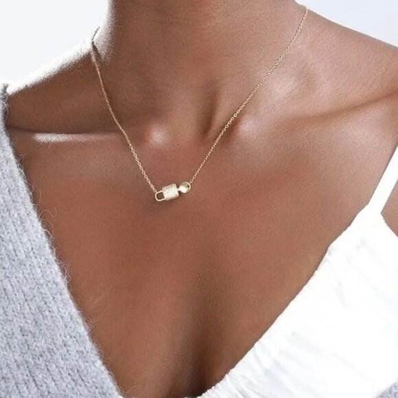 NEW Dainty Lock Key Pendant Necklace 18K Gold Plated CZ Choker Minimalist 16” - Picture 3 of 9